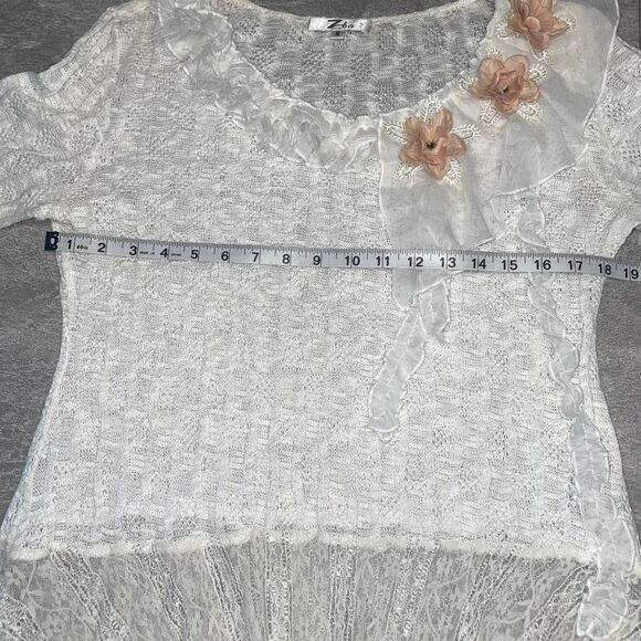 Zba Sz M Y2K white sweater bell sleeve soft girl ballet flower applique pastel - Picture 2 of 10